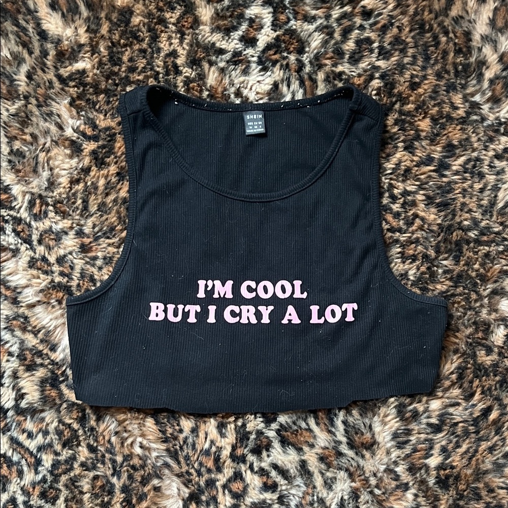 SHEIN Black Crop Top with Pink Text